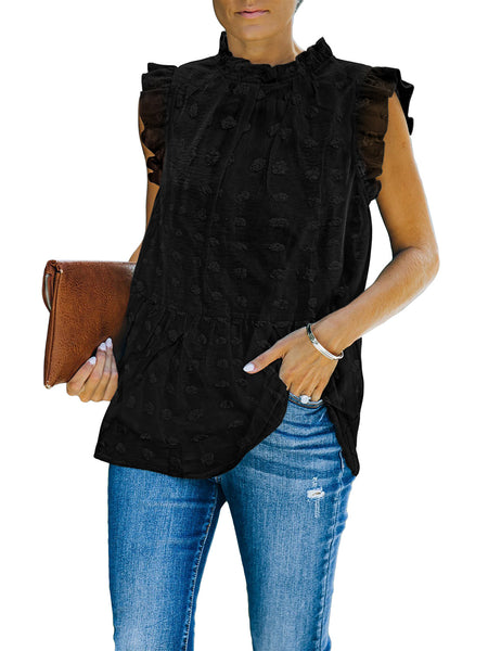 Posing model wearing black ruffle mock neck sleeveless swiss tunic top