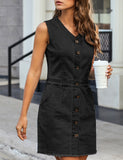 Women Sleeveless V Neck Button Down Frayed Hem Short Denim Dress