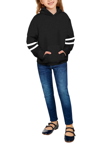 Front full body shot of model wearing black long sleeves girls' pullover hoodie