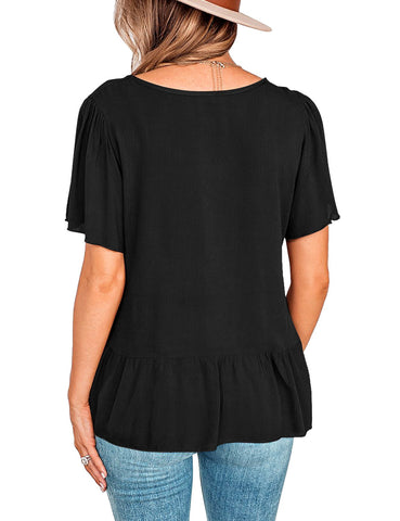 Black V-Neckline Buttons Loose Peplum Top