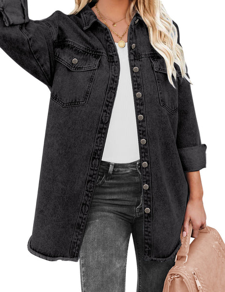 Front view of model wearing black button-up oversized women's denim shacket