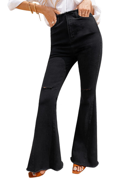 Black Slit Knee High-Waist Frayed Hem Flared Denim Jeans
