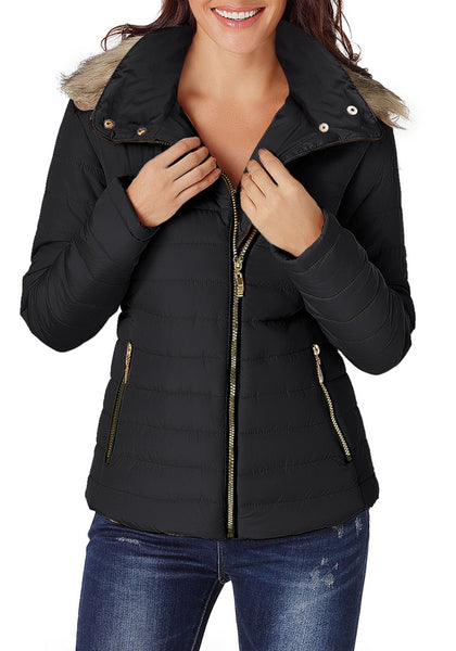 Model wearing black faux fur hooded zip up quilted jacket 
