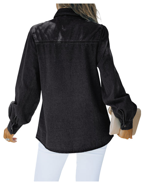Back view of model wearing black puff sleeves button-down top