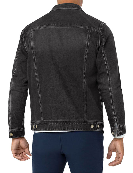 Back view of model wearing black men's basic button down denim jacket