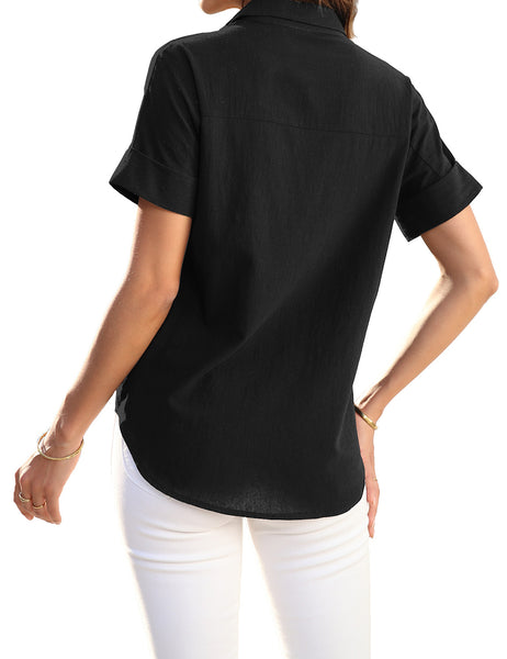 Back view of model wearing black short cuffed sleeves pockets button-up top