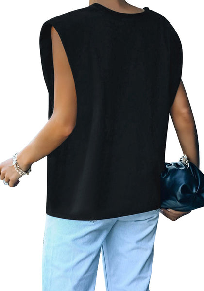 Black Casual Sleeveless Padded Shoulder Muscle T-shirt