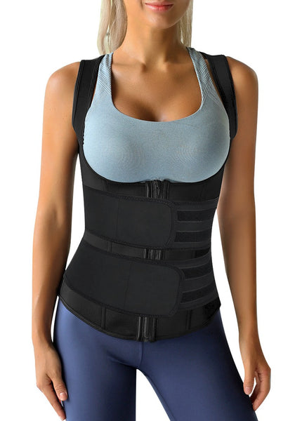Front view of model wearing black zip-up snap corset women's waist trainer