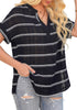 Angled view of model wearing black split V-neckline batwing sleeves striped loose top