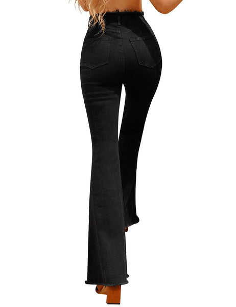 Back view of model wearing Black Slit Knee High-Waist Frayed Hem Flared Denim Jeans