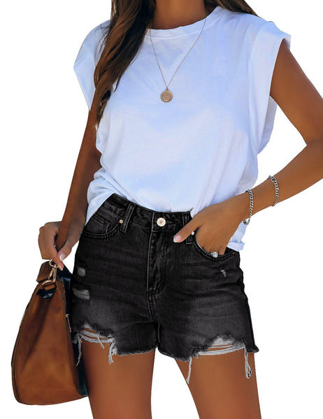 Front view of model wearing black high waist ruched hem distressed denim shorts