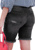 Back view of model wearing black frayed hem ripped button-up denim bermuda shorts