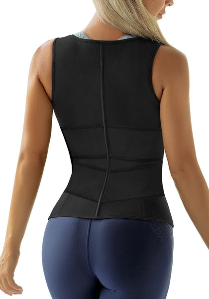 Back view of model wearing black zip-up snap corset women's waist trainer