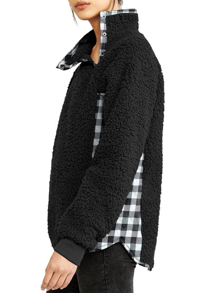 Side view of model wearing black split cowl neck plaid fleece sweater top