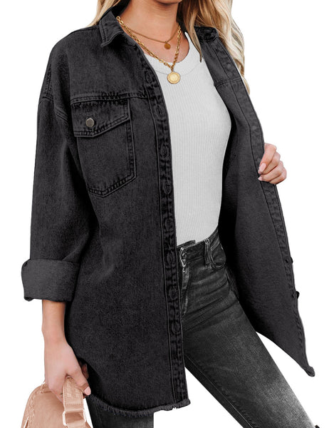 Model poses wearing black button-up oversized women's denim shacket