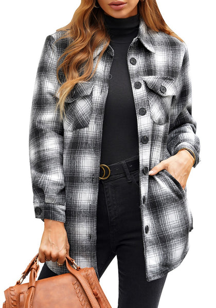 Model wearing black plaid long sleeves button down jacket