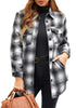 Model wearing black plaid long sleeves button down jacket