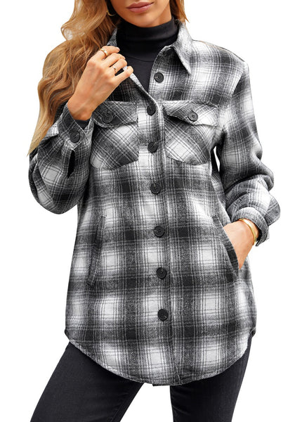 Front view of model wearing black plaid long sleeves button down jacket
