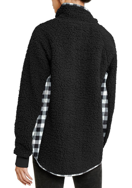 Back view of model wearing black split cowl neck plaid fleece sweater top
