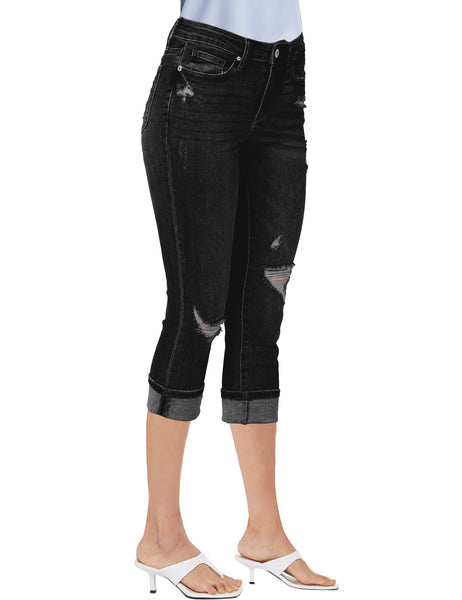 Black Mid-Waist Ripped Skinny Cropped Denim Jeans