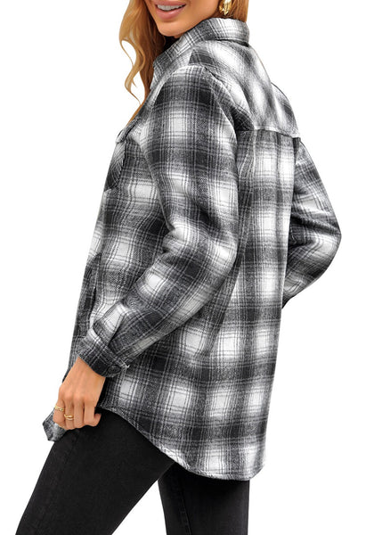Angled back view of model wearing black plaid long sleeves button down jacket