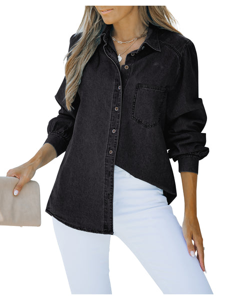 Front view of model wearing black puff sleeves button-down top
