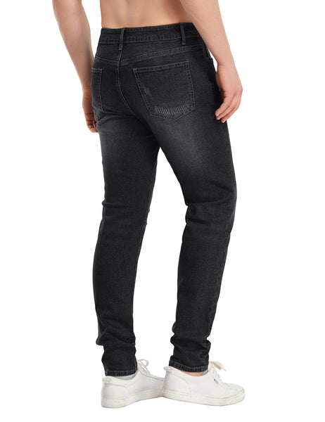 Black Mid-Waist Ripped Knee Men's Denim Jeans