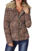 Front view of model wearing brown leopard-print faux fur collar zip up quilted jacket