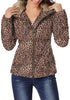 Model wearing brown leopard-print faux fur collar zip up quilted jacket