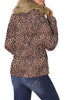 Back view of model wearing brown leopard-print faux fur collar zip up quilted jacket