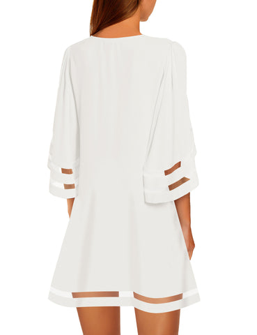 White Women Casual Crewneck Mesh Panel 3/4 Bell Sleeve Loose Tunic Dress