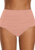Model wearing blush pink high waist ruched swim bottom