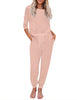 Front view of model wearing light pink solid color drawstring-waist jogger pajama set