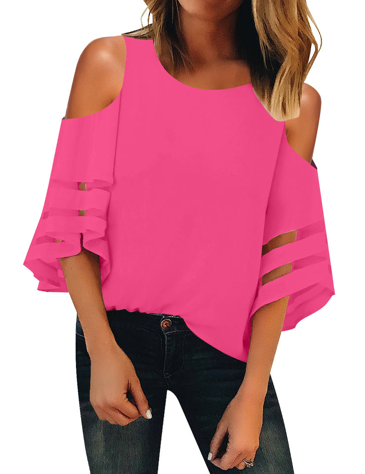 Women's Hot Pink Cold Shoulder Loose Shirt Tops 3/4 Bell Mesh