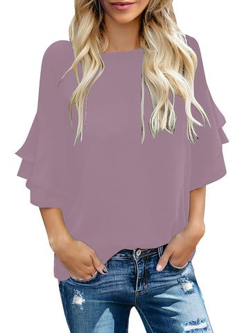 Mauve Shadows Women's Summer Blouse Casual Ruffle 3/4 Sleeve Tops Loose Shirts