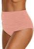 Back view of model wearing blush pink high waist ruched swim bottom