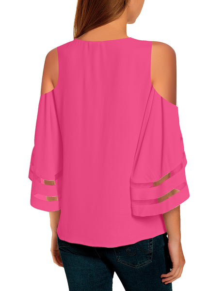 Women's Hot Pink Cold Shoulder Loose Shirt Tops 3/4 Bell Mesh Sleeve Blouse
