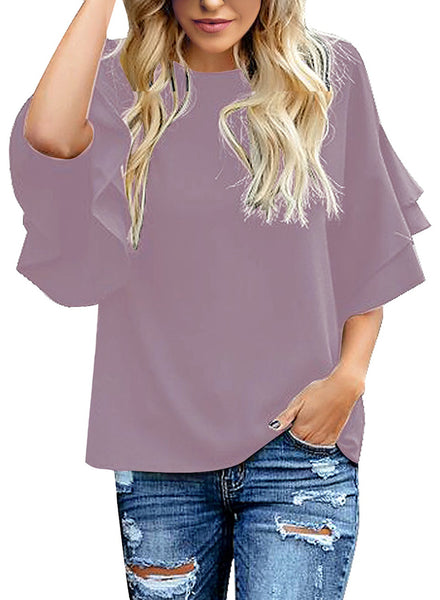 Women's Summer Blouse Casual Ruffle 3/4 Sleeve Tops Loose Shirts