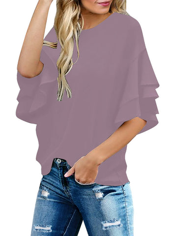 Mauve Shadows Women's Summer Blouse Casual Ruffle 3/4 Sleeve Tops Loose Shirts
