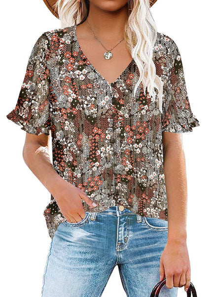 Brown Ruffle Trim Short Sleeves Floral V-Neck Button-Down Top