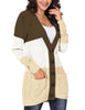 Side view of model wearing brown olorblock front pockets button-up cable knit cardigan