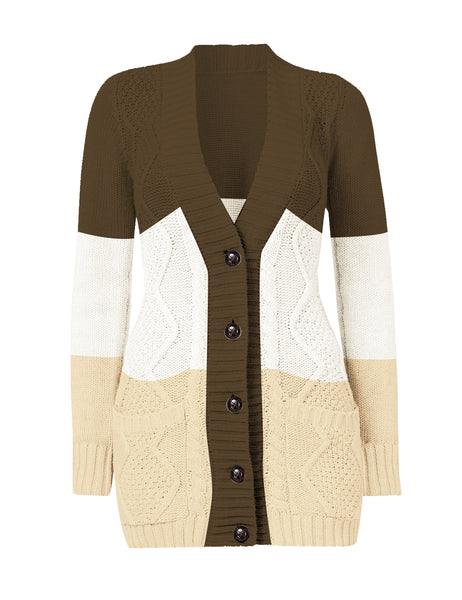 3D shot of brown olorblock front pockets button-up cable knit cardigan