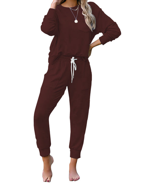 Front view of model wearing dark brown long sleeves tie-dye drawstring jogger lounge set