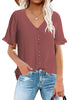 Model wearing dark blush pink ruffle trim short sleeves V-neck button-down top