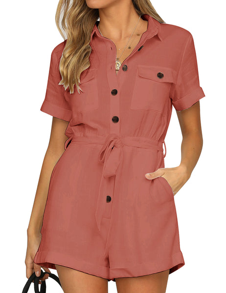 Front view of model wearing dark coral short sleeves button-down belted romper