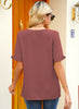 Back view of model wearing dark blush pink ruffle trim short sleeves V-neck button-down top