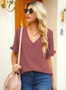 Front view of model wearing dark blush pink ruffle trim short sleeves V-neck button-down top