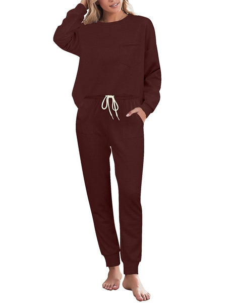 Model poses wearing dark brown long sleeves tie-dye drawstring jogger lounge set