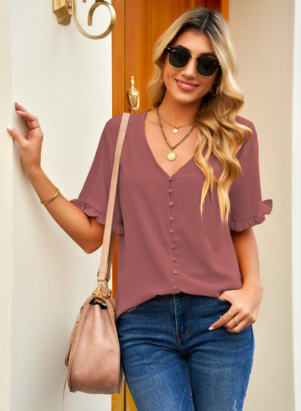 Front view of model wearing dark blush pink ruffle trim short sleeves V-neck button-down top