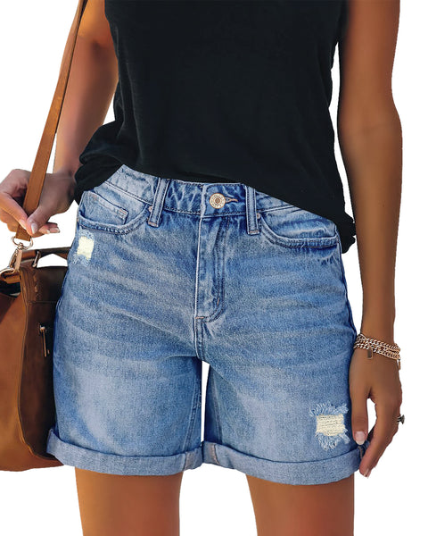 Blue High Waist Roll-Over Distressed Jean Shorts